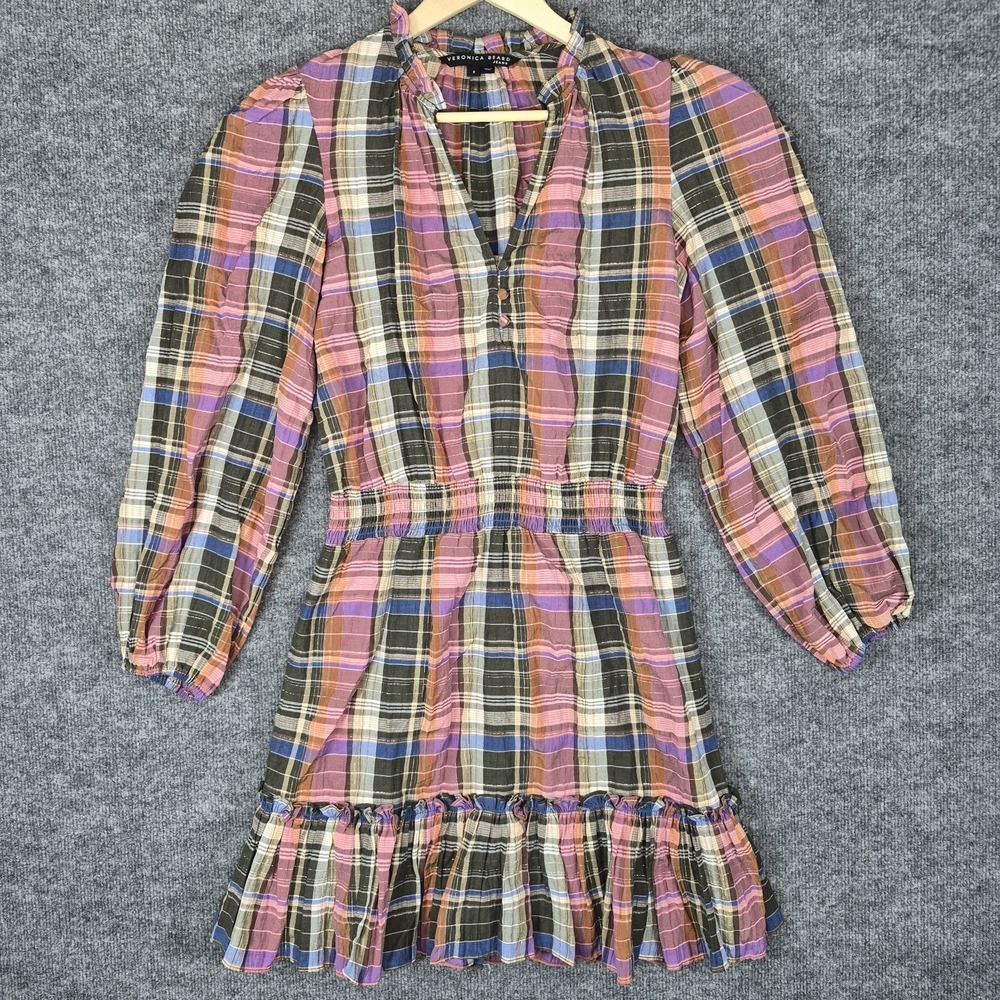 Veronica Beard Plaid Ruffle Destiny‎ Dress Smocked Size 6 Olive Pink